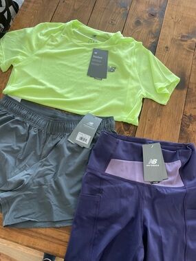 New Balance Women’s Neon Yellow Tee and Purple Athletic Shorts Set